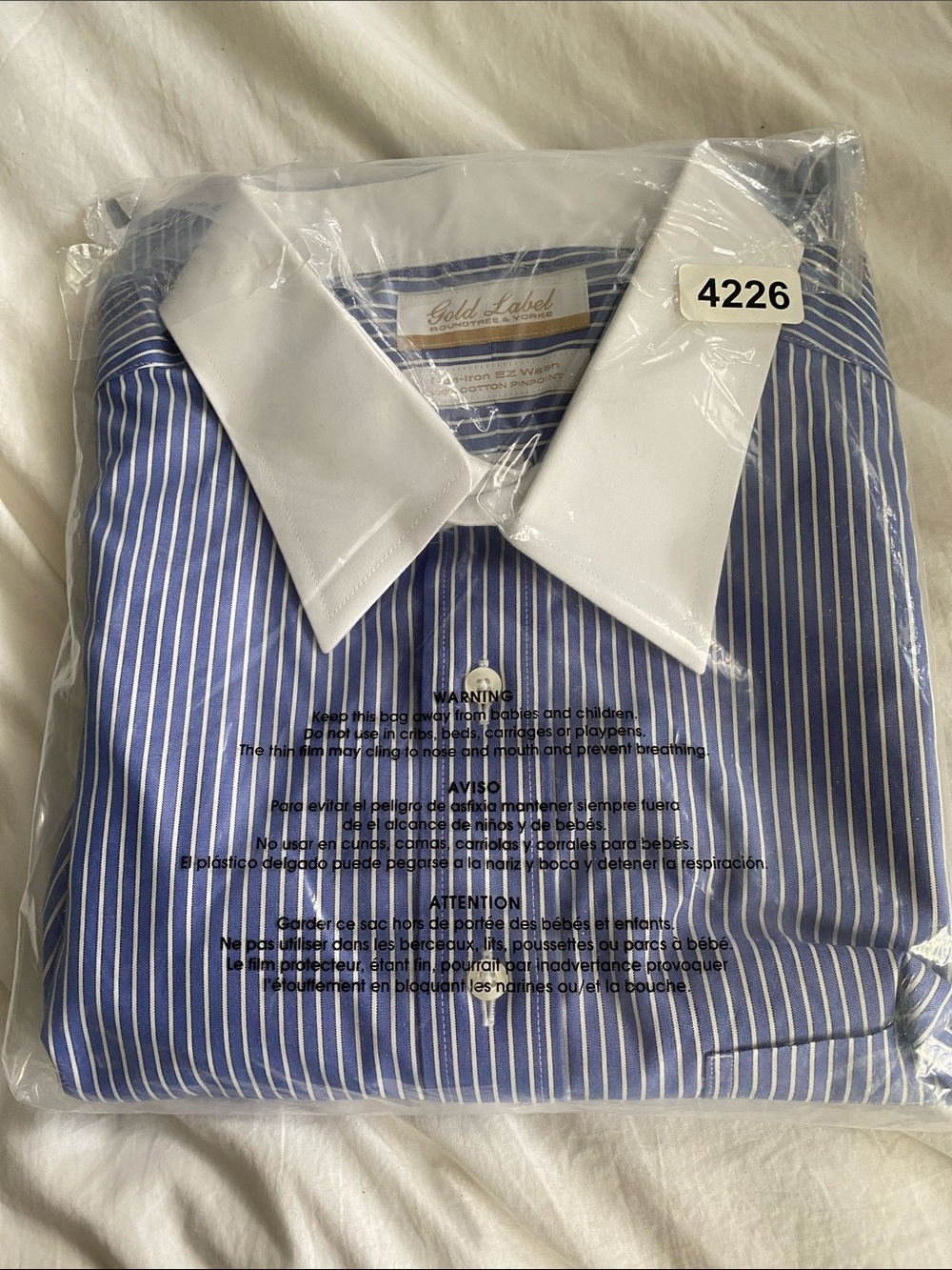 Roundtree & Yorke Blue Pinstripe Dress Shirt with White Contrast Collar